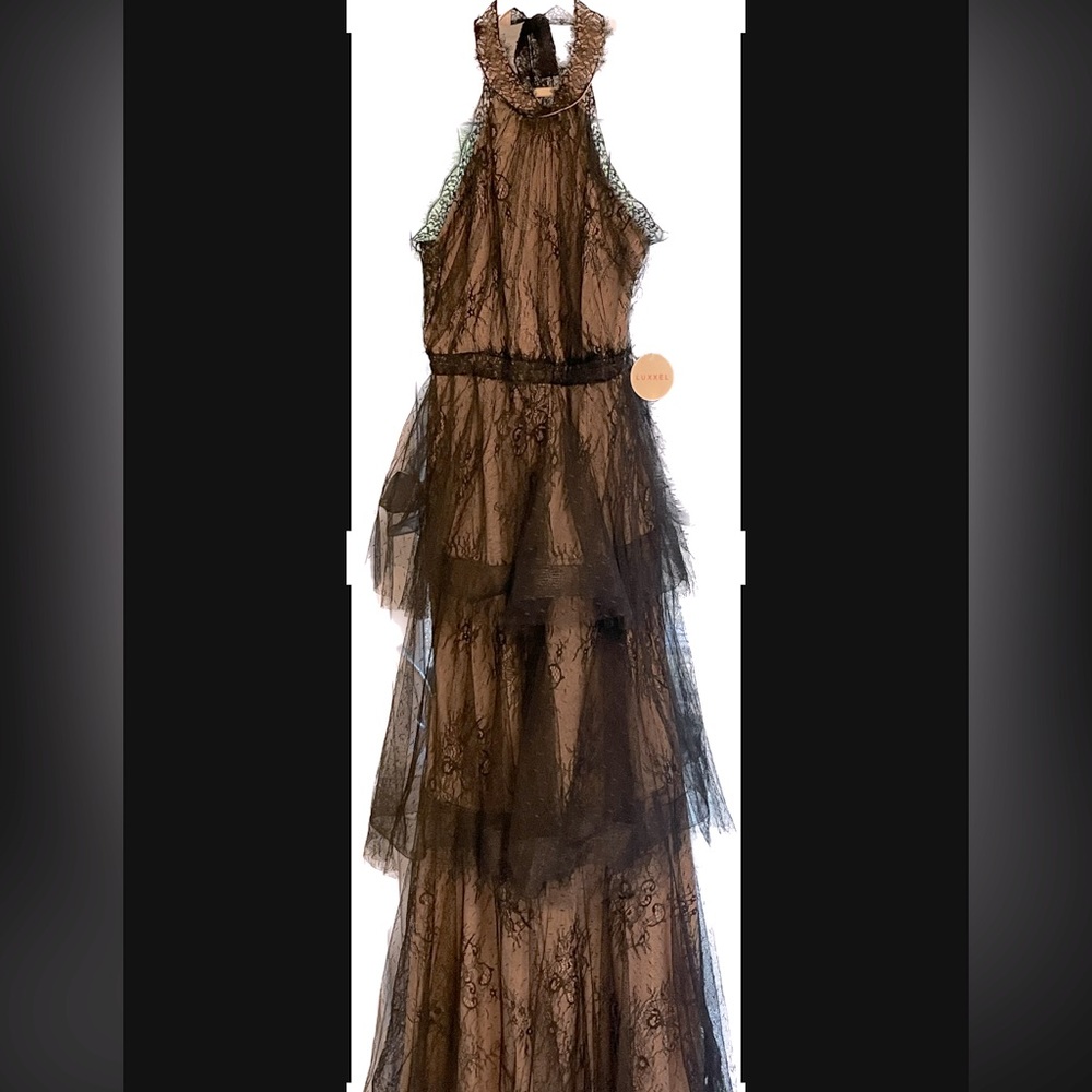 Tulle Mesh/Lace Black & Nude Maxi Dress M